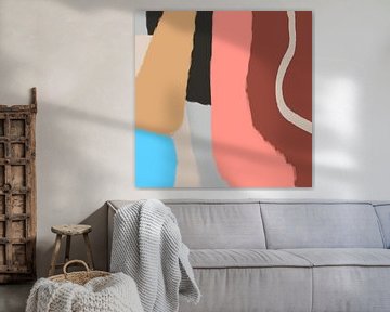 Retro 70s pastel abstract art in pink, brown, yellow, blue, grey by Dina Dankers