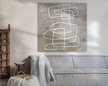 Abstract minimalist line art in white and taupe by Dina Dankers