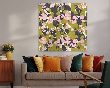 Retro bloesem. Abstracte botanische kunst in pastel roze, groen, grijs van Dina Dankers