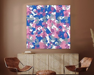 Retro bloesem. Abstracte botanische kunst in pastel roze, blauw, paars.