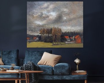 Peinture de paysage impressionniste avec des maisons et des fermes et un ciel nuageux menaçant.