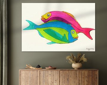 Bunte glückliche Fische. Handgemalte Aquarellfarbe von Ineke de Rijk