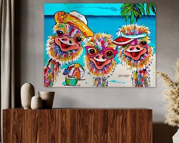 Ostriches on the beach with hats by Happy Paintings