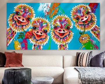 Vrolijke schilderij van struisvogels met bloemen van Happy Paintings