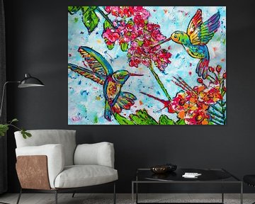 Colibri dans un jardin de fleurs sur Happy Paintings