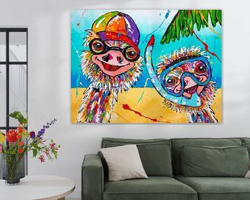 Vrolijke struisvogels stranddag van Happy Paintings