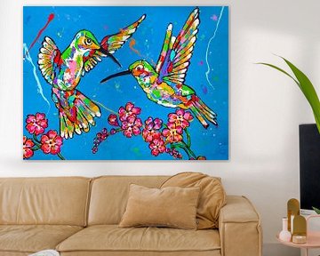 Kolibrie met bloemen van Happy Paintings