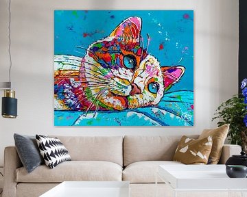 Ontspannen kat in blauw van Happy Paintings