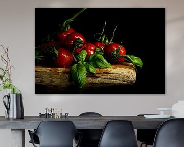 Tomatoes and basil on a board by SO fotografie