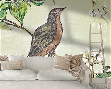 Japanse kunst/ Vogel met kersenbloesem/ Aquarel