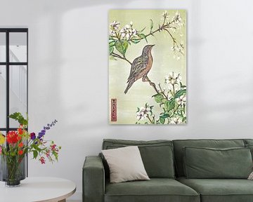 Japanische Kunst/ Vogel mit Kirschblüte/ Aquarell von Ineke de Rijk