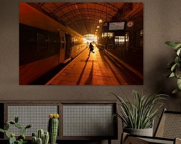 Man runs to catch train at Hollands Spoor Station by Rob Kints