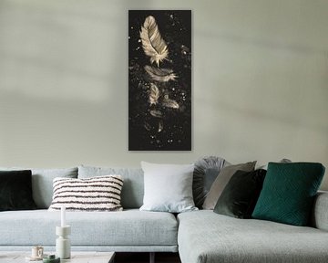 Chic artwork tall and narrow with gold yellow feathers by Emiel de Lange