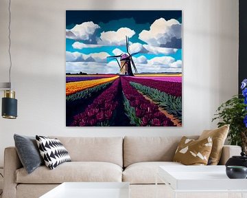 AI Schilderij van tulpenveld, windmolen en wolken van Beeld Creaties Ed Steenhoek | Fotografie en Kunstmatige Beelden