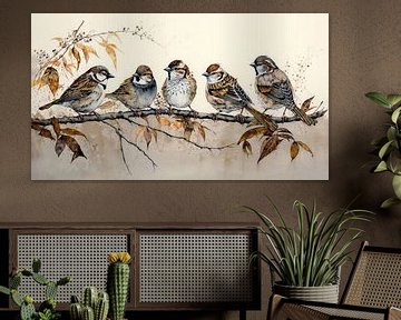 Sparrows on a branch Watercolour by Preet Lambon