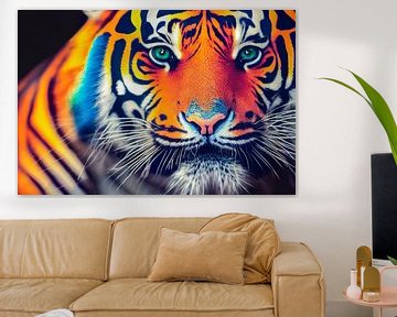 Portrait d'une tête de tigre multicolore, Generative AI Art Illustration 01 sur Animaflora PicsStock