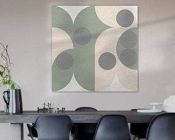 Bauhaus en retro 70s geïnspireerde geometrie in pastels. Groen, grijs, wit van Dina Dankers