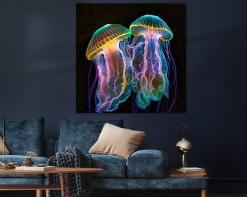 Two neon jellyfish