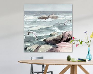 Seascape with rocks, waves and flying seagulls by Anna Marie de Klerk