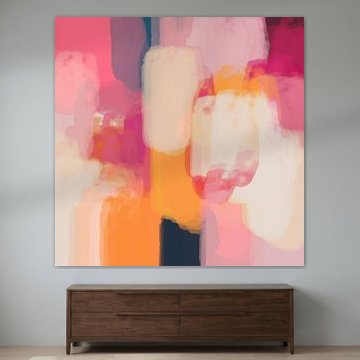 Pastel dromen. Kleurrijk abstract schilderij in geel, roze, beige, blauw van Dina Dankers