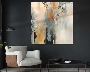 Peinture abstraite moderne en blanc, noir, orange, bleu et vert. sur Studio Allee