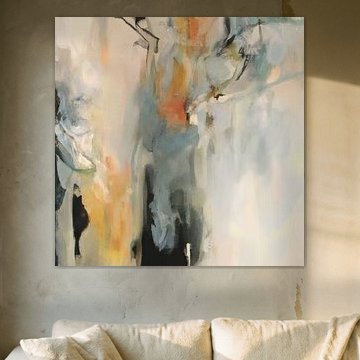 Moderne abstrakte Malerei in Weiß, Schwarz, Orange, Blau und Grün