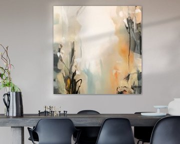 Modern abstract schilderij in wit, zwart, oranje, blauw en groen van Studio Allee