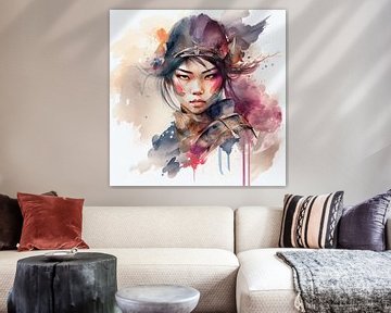 Watercolor Asian Warrior Woman #3 by Chromatic Fusion Studio