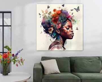 Aquarel vlinder Afrikaanse vrouw #1 van Chromatic Fusion Studio