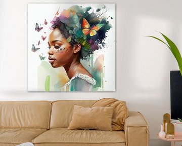 Aquarel vlinder Afrikaanse vrouw #3 van Chromatic Fusion Studio