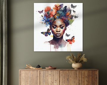 Aquarel vlinder Afrikaanse vrouw #4 van Chromatic Fusion Studio