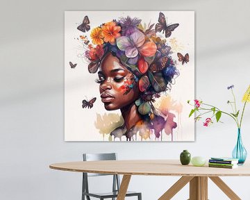 Aquarell Schmetterling Afrikanische Frau #2 von Chromatic Fusion Studio
