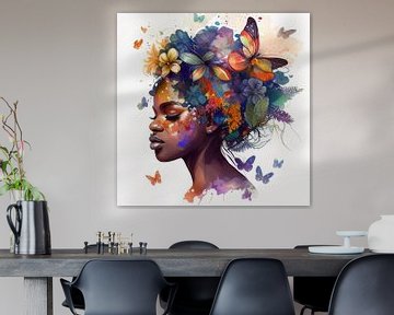 Aquarell Schmetterling Afrikanische Frau #7 von Chromatic Fusion Studio