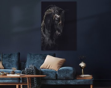 Fine art portrait Friesian horse with gold by Shirley van Lieshout
