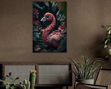 Flamingo flowers leaves jungle and beautiful colours by Digitale Schilderijen