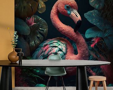 Flamingo im Dschungel Porträt von Digitale Schilderijen