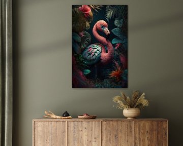 Portrait d'un flamant rose dans la jungle sur Digitale Schilderijen
