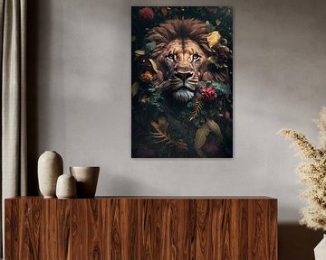 Porträt des Gesichts eines Löwen im Dschungel von Digitale Schilderijen