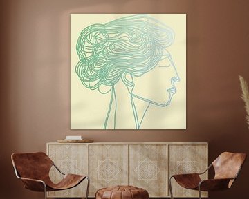 Vrouwenhoofd blauwgroen op beige van Harmanna Digital Art