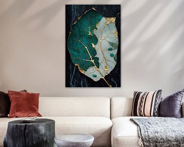 Abstract leaf painting | Green, black gold by Digitale Schilderijen