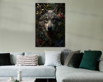 Porträt eines Wolfs im Dschungel von Digitale Schilderijen