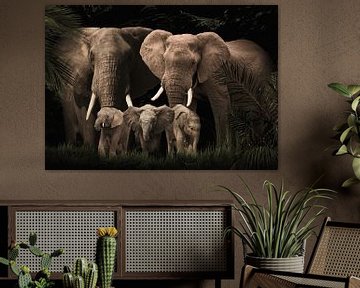 Famille d'éléphants avec trois éléphanteaux (ou avec plus ou moins d'éléphanteaux). sur Bert Hooijer