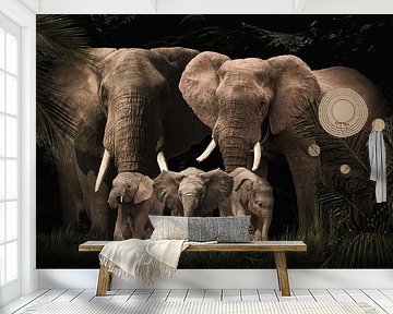 Elephant family with three calves ( Also with more/less calves )