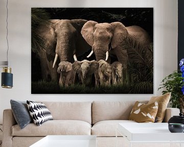 Famille d'éléphants avec quatre éléphanteaux (ou avec plus ou moins d'éléphanteaux).