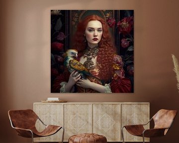 Porträt einer Prinzessin und ihres treuen Papageis von OEVER.ART