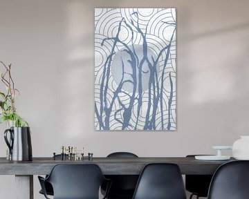 Ikigai. Zon en gras. Abstracte Zen kunst. Japanse stijl in blauw en wit I van Dina Dankers