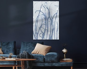 Ikigai. Sun and Grass. Abstract Zen art. Japandi style in blue and white II by Dina Dankers