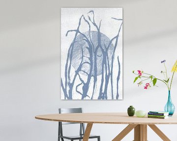 Ikigai. Zon en gras. Abstracte Zen kunst. Japanse stijl in blauw en wit VIII van Dina Dankers