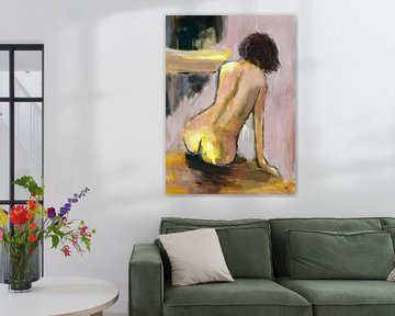 Naaktportret met mooie lichtval. Vrouwelijk naakt schilderij. van Hella Maas