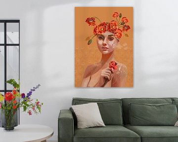 Melancholic female portrait with flowers, modern painting.